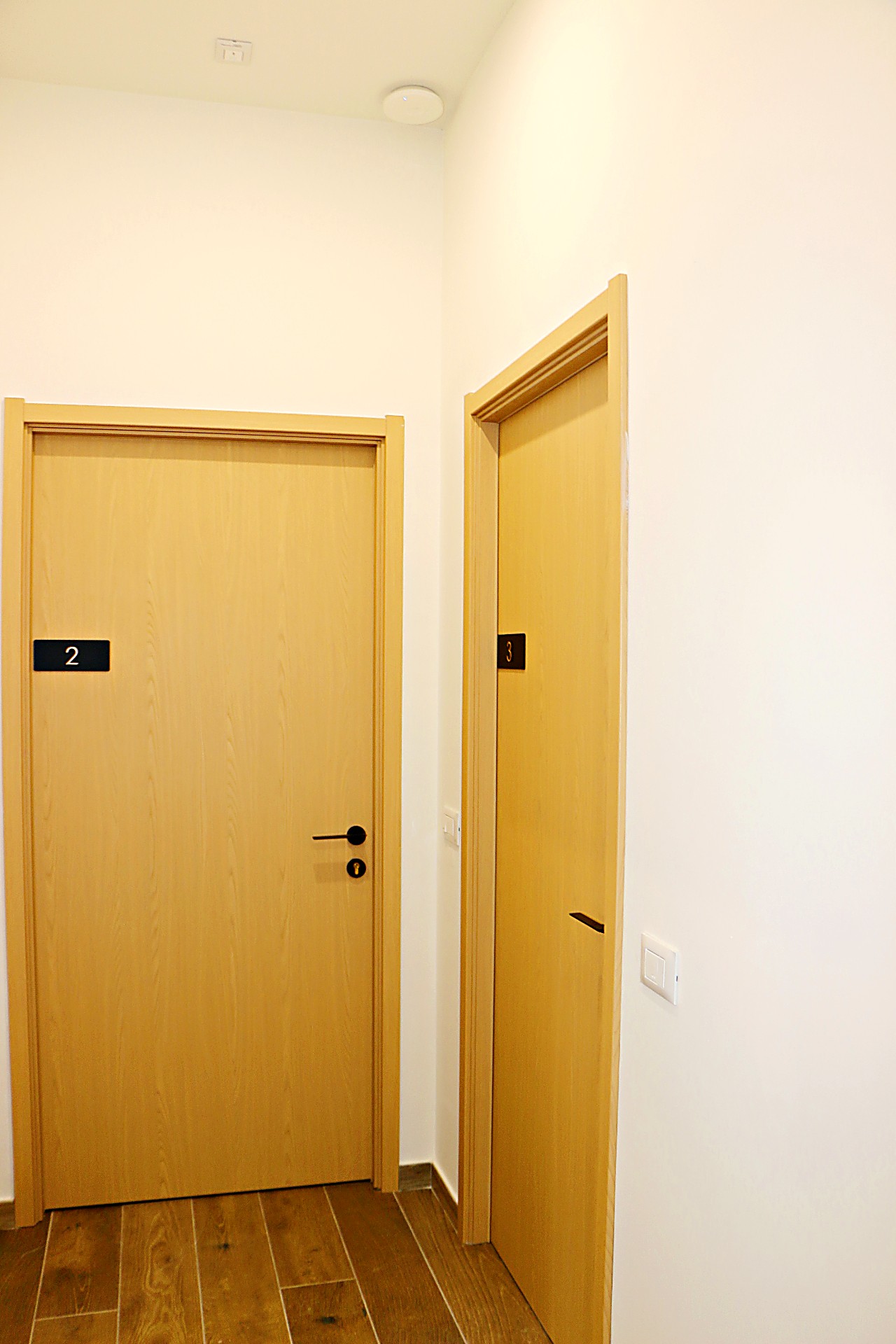Interior hallway with light wood room doors